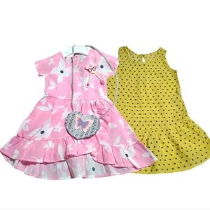 Toddler Girls Pink/White Floral Dress With Matching Bag & Polka-dot Yellow Dress